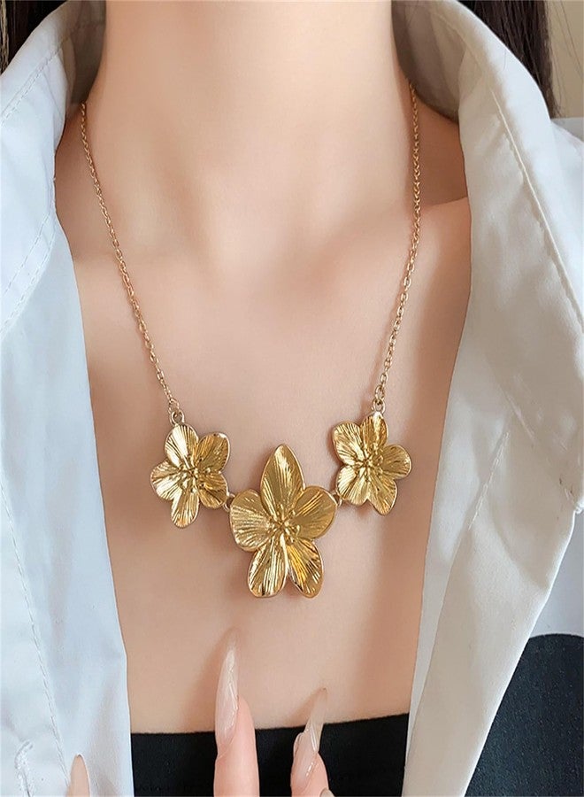 WCRAZYE Gold Chunky Flower Earrings Necklace Sets for Women Boho Statement Flower Earrings Gold Layered Floral Flower Chunky Collar Necklace Wedding Prom Fashion Jewelry (Double Flower) - Image 2